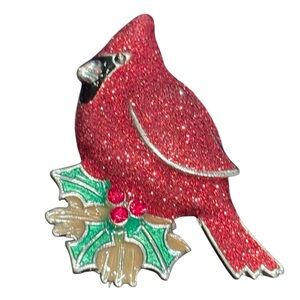 Sparkling Red Cardinal Holiday Winter Brooch silver finish